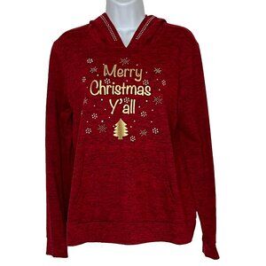 Storybuk Christmas Hoodie Top sz L Studded Kangaroo Pocket Lightweight Red